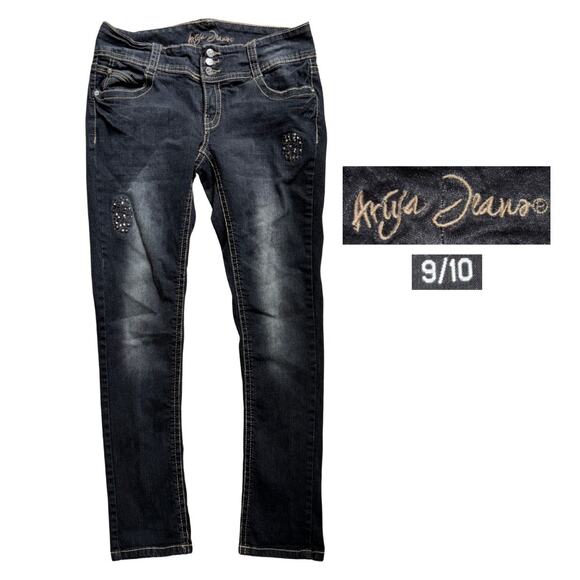 Ariya Jeans Low Rise Skinny Black Studded Faded Size 9 / 10 Mall Goth Grunge - Picture 1 of 4